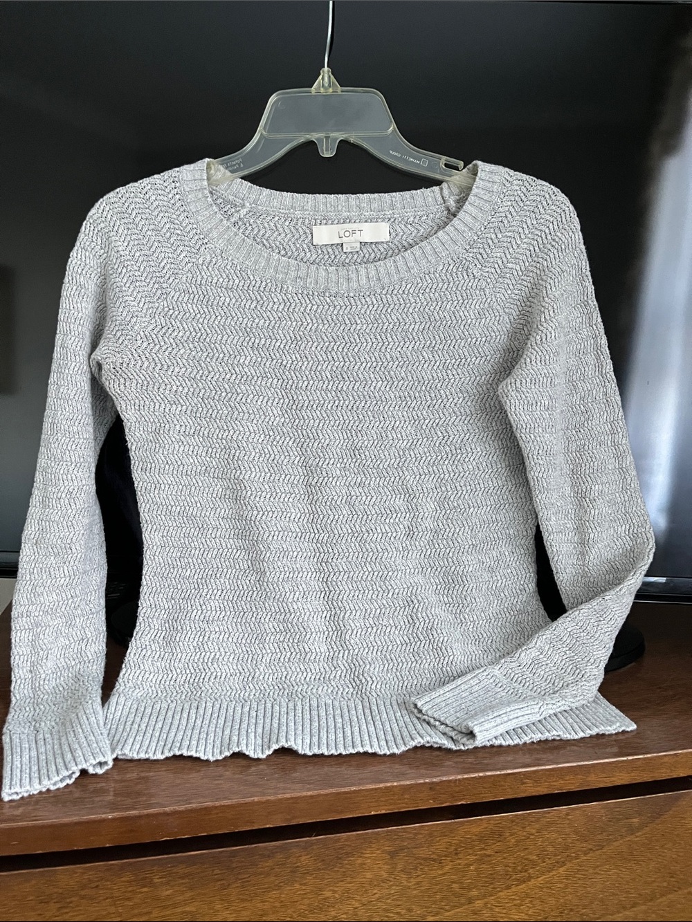 LOFT Heather Light Gray Textured Crewneck Sweater